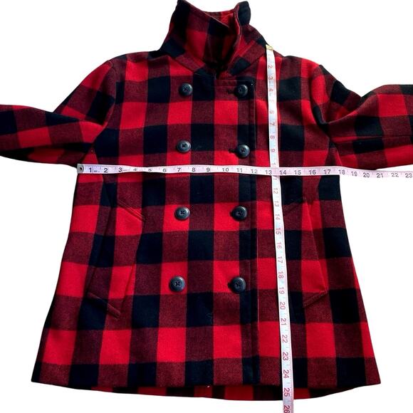 GAP Tea Plaid Buffalo Check Wool Pea Coat Size S Red Black Double Breasted Twee - Picture 10 of 11